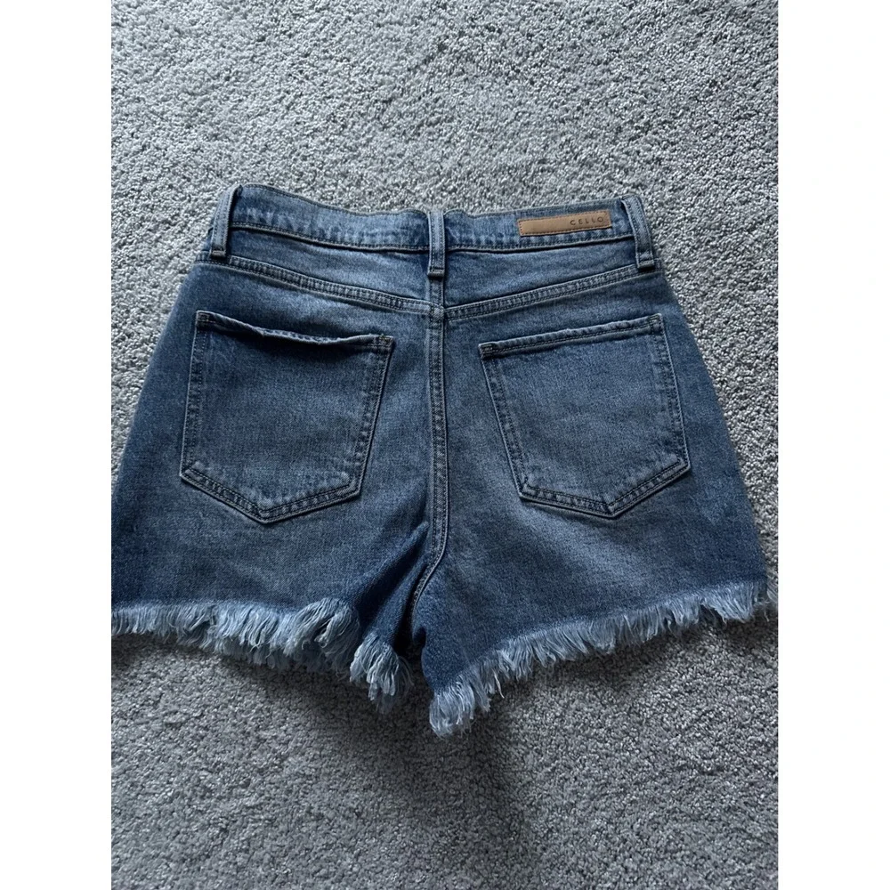 Cello Womens High Waisted Crossover Denim Shorts‎ Medium Wash Distressed Size S